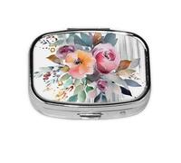 Small Pill Box Portable Pill Case 2 Compartment Metal Pill Vitamins Holder Organizer Cute Watercolor Floral Corner Bouquet Travel Pillbox for Purse Pocket