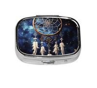 Small Pill Box Portable Pill Case 2 Compartment Metal Pill Vitamins Holder Organizer Cute White Fantasy Dream Catcher Travel Pillbox for Purse Pocket
