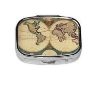 Small Pill Box Portable Pill Case 2 Compartment Metal Pill Vitamins Holder Organizer Cute World Map Retro Travel Pillbox for Purse Pocket