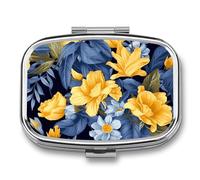 Small Pill Box Travel Pill Case with 2 Compartments Portable Pills Container Blue Base Yellow Floral Pills Organizer Vitamin Organizer Fish Oil Box Pocket Medicine Organizers