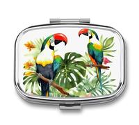 Small Pill Box Travel Pill Case with 2 Compartments Portable Pills Container Toucans Parrot Palm Tree Leaves Pills Organizer Vitamin Organizer Fish Oil Box Pocket Medicine Organizers