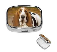 Small Pill Case 2 Compartments, Basset Hound Pill Box Daily Metal Portable Pill Organizer for Pocket Purse Travel Pillbox with Mirror Square Medicine Vitamin Holder Unique Gift