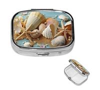 Small Pill Case 2 Compartments, Beach Theme Seashells Pill Box Daily Metal Portable Pill Organizer for Pocket Purse Travel Pillbox with Mirror Square Medicine Vitamin Holder Unique Gift