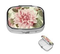 Small Pill Case 2 Compartments, Beautiful Vintage Pink Flower Pill Box Daily Metal Portable Pill Organizer for Pocket Purse Travel Pillbox with Mirror Square Medicine Vitamin Holder Unique Gift