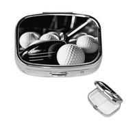Small Pill Case 2 Compartments, Black and White Golf Pill Box Daily Metal Portable Pill Organizer for Pocket Purse Travel Pillbox with Mirror Square Medicine Vitamin Holder Unique Gift