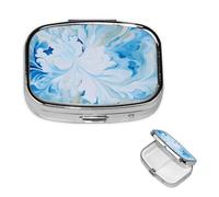 Small Pill Case 2 Compartments, Blue and White Pill Box Daily Metal Portable Pill Organizer for Pocket Purse Travel Pillbox with Mirror Square Medicine Vitamin Holder Unique Gift