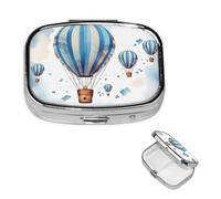 Small Pill Case 2 Compartments, Blue Hot Air Balloon Pill Box Daily Metal Portable Pill Organizer for Pocket Purse Travel Pillbox with Mirror Square Medicine Vitamin Holder Unique Gift
