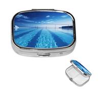 Small Pill Case 2 Compartments, Blue Swimming Pool Pill Box Daily Metal Portable Pill Organizer for Pocket Purse Travel Pillbox with Mirror Square Medicine Vitamin Holder Unique Gift