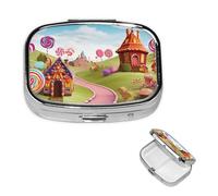Small Pill Case 2 Compartments, Candy Land Pill Box Daily Metal Portable Pill Organizer for Pocket Purse Travel Pillbox with Mirror Square Medicine Vitamin Holder Unique Gift