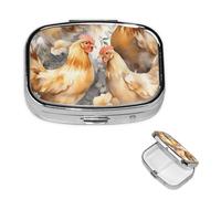 Small Pill Case 2 Compartments, Chicken Duck Pill Box Daily Metal Portable Pill Organizer for Pocket Purse Travel Pillbox with Mirror Square Medicine Vitamin Holder Unique Gift