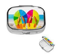 Small Pill Case 2 Compartments, Colorful Flip Flops Beach Ball Pill Box Daily Metal Portable Pill Organizer for Pocket Purse Travel Pillbox with Mirror Square Medicine Vitamin Holder Unique Gift