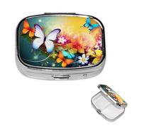Small Pill Case 2 Compartments, Colorful with Butterfly Pill Box Daily Metal Portable Pill Organizer for Pocket Purse Travel Pillbox with Mirror Square Medicine Vitamin Holder Unique Gift