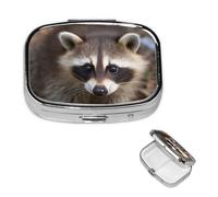 Small Pill Case 2 Compartments, Cub Raccoon Pill Box Daily Metal Portable Pill Organizer for Pocket Purse Travel Pillbox with Mirror Square Medicine Vitamin Holder Unique Gift