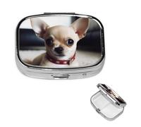 Small Pill Case 2 Compartments, Cute Chihuahua Pill Box Daily Metal Portable Pill Organizer for Pocket Purse Travel Pillbox with Mirror Square Medicine Vitamin Holder Unique Gift