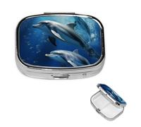Small Pill Case 2 Compartments, Cute Dolphins Pill Box Daily Metal Portable Pill Organizer for Pocket Purse Travel Pillbox with Mirror Square Medicine Vitamin Holder Unique Gift