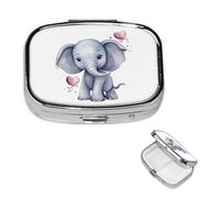 Small Pill Case 2 Compartments, Cute Elephant Pill Box Daily Metal Portable Pill Organizer for Pocket Purse Travel Pillbox with Mirror Square Medicine Vitamin Holder Unique Gift