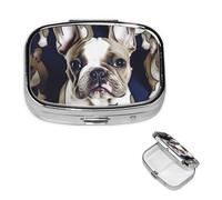 Small Pill Case 2 Compartments, Cute French Bulldog Pill Box Daily Metal Portable Pill Organizer for Pocket Purse Travel Pillbox with Mirror Square Medicine Vitamin Holder Unique Gift
