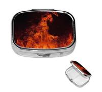 Small Pill Case 2 Compartments, Dancing Fire Pill Box Daily Metal Portable Pill Organizer for Pocket Purse Travel Pillbox with Mirror Square Medicine Vitamin Holder Unique Gift