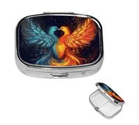 Small Pill Case 2 Compartments, Fire and Water Phoenix Pill Box Daily Metal Portable Pill Organizer for Pocket Purse Travel Pillbox with Mirror Square Medicine Vitamin Holder Unique Gift