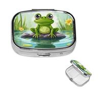 Small Pill Case 2 Compartments, Frog in Pond Pill Box Daily Metal Portable Pill Organizer for Pocket Purse Travel Pillbox with Mirror Square Medicine Vitamin Holder Unique Gift