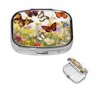 Small Pill Case 2 Compartments, Group of Butterflies Pill Box Daily Metal Portable Pill Organizer for Pocket Purse Travel Pillbox with Mirror Square Medicine Vitamin Holder Unique Gift