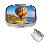 Small Pill Case 2 Compartments, Hawaii Hot Air Balloon Pill Box Daily Metal Portable Pill Organizer for Pocket Purse Travel Pillbox with Mirror Square Medicine Vitamin Holder Unique Gift