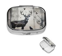 Small Pill Case 2 Compartments, Hunting Silhouette of Deer Pill Box Daily Metal Portable Pill Organizer for Pocket Purse Travel Pillbox with Mirror Square Medicine Vitamin Holder Unique Gift
