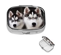 Small Pill Case 2 Compartments, Husky Dog Pill Box Daily Metal Portable Pill Organizer for Pocket Purse Travel Pillbox with Mirror Square Medicine Vitamin Holder Unique Gift