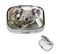 Small Pill Case 2 Compartments, Koala Pill Box Daily Metal Portable Pill Organizer for Pocket Purse Travel Pillbox with Mirror Square Medicine Vitamin Holder Unique Gift