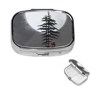 Small Pill Case 2 Compartments, Moon Pine Tree Pill Box Daily Metal Portable Pill Organizer for Pocket Purse Travel Pillbox with Mirror Square Medicine Vitamin Holder Unique Gift