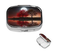 Small Pill Case 2 Compartments, Red Tree Lake Moon Pill Box Daily Metal Portable Pill Organizer for Pocket Purse Travel Pillbox with Mirror Square Medicine Vitamin Holder Unique Gift