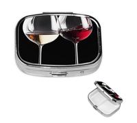 Small Pill Case 2 Compartments, Red Wine Glasses Pill Box Daily Metal Portable Pill Organizer for Pocket Purse Travel Pillbox with Mirror Square Medicine Vitamin Holder Unique Gift