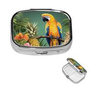 Small Pill Case 2 Compartments, Summer Parrot Pineapple Bird Pill Box Daily Metal Portable Pill Organizer for Pocket Purse Travel Pillbox with Mirror Square Medicine Vitamin Holder Unique Gift