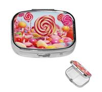 Small Pill Case 2 Compartments, Sweet Candy Pill Box Daily Metal Portable Pill Organizer for Pocket Purse Travel Pillbox with Mirror Square Medicine Vitamin Holder Unique Gift