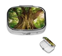 Small Pill Case 2 Compartments, Thick Tree Pill Box Daily Metal Portable Pill Organizer for Pocket Purse Travel Pillbox with Mirror Square Medicine Vitamin Holder Unique Gift