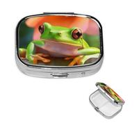 Small Pill Case 2 Compartments, Tree Frog Pill Box Daily Metal Portable Pill Organizer for Pocket Purse Travel Pillbox with Mirror Square Medicine Vitamin Holder Unique Gift