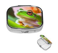 Small Pill Case 2 Compartments, Tree Frog Pill Box Daily Metal Portable Pill Organizer for Pocket Purse Travel Pillbox with Mirror Square Medicine Vitamin Holder Unique Gift
