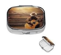 Small Pill Case 2 Compartments, Western Music Pill Box Daily Metal Portable Pill Organizer for Pocket Purse Travel Pillbox with Mirror Square Medicine Vitamin Holder Unique Gift