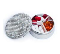 Small Pill Case 3 Compartments, Metal Round Portable Pill Box, Waterproof Travel Pill Organizer, Pocket Purse Medicine Vitamin Holder EDC Container (Silver with Rhinestone)
