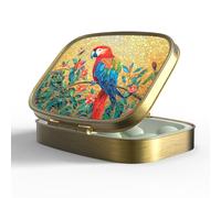 Small Pill Case Pill Box with Mirror Retro 2 Compartment Pill Organizer for Purse or Pocket Bronze Daily Portable Medicine Vitamin Container Fish Oil and Supplement Storage(Parrot)
