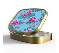 Small Pill Case Pill Box with Mirror Retro 2 Compartment Pill Organizer for Purse or Pocket Bronze Daily Portable Medicine Vitamin Container Fish Oil and Supplement Storage(Purple Flower)