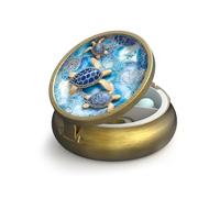 Small Pill Case Pill Box with Mirror Retro 3 Compartment Pill Organizer for Purse or Pocket Bronze Daily Portable Medicine Vitamin Container Fish Oil and Supplement Storage(Blue Sea Turtles)