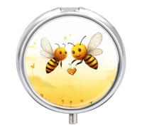 Small Pill Case, Round Travel Pill Box with 3 Compartments | Bee Love Honey Retro Portable for Pocket or Purse, Pill Organizer with Mirror for Vitamins & Medication