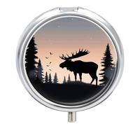 Small Pill Case, Round Travel Pill Box with 3 Compartments | Moose Mountain Pine Tree Wilderness Retro Portable for Pocket or Purse, Pill Organizer with Mirror for Vitamins & Medication