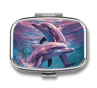 Small Pill Case with 2 Compartment Dolphins Art Medicine Pill Case Personalized Travel Pill Box for Purse Travel Pill Organizer Portable Daily Pill Box for Vitamins Supplements Medication