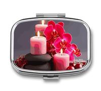 Small Pill Case with 2 Compartment Orchid Stone Red Candles Medicine Pill Case Personalized Travel Pill Box for Purse Travel Pill Organizer Portable Daily Pill Box for Vitamins Supplements Medication