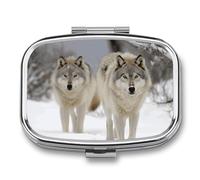 Small Pill Case with 2 Compartment Two Wolves Walking in The Snow Medicine Pill Case Personalized Travel Pill Box for Purse Travel Pill Organizer Portable Daily Pill Box for Vitamins Supplements Medic