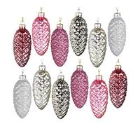 Small Pine Cone Glass Christmas Ornaments Set of 12, Painted Glass Hanging Christmas Baubles Ornaments for Xmas Hanging Festival Holiday Decor,Christmas Tree Decor Pendants Gifts,pink and sliver)