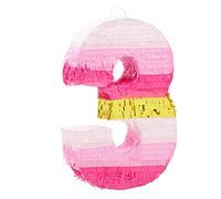 Small Pink and Gold Foil Number 3 Pull String Pinata for Kids 3rd Birthday Party Decorations (16.5 x 11 In)