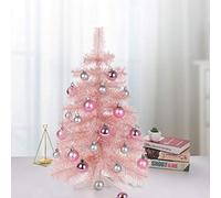 Small Pink Christmas Tree,Tabletop Christmas Tree with Balls, Mini Pink Christmas Tree with Led Lights and Plastic Stand, Simulation Tabletop Xmas Tree